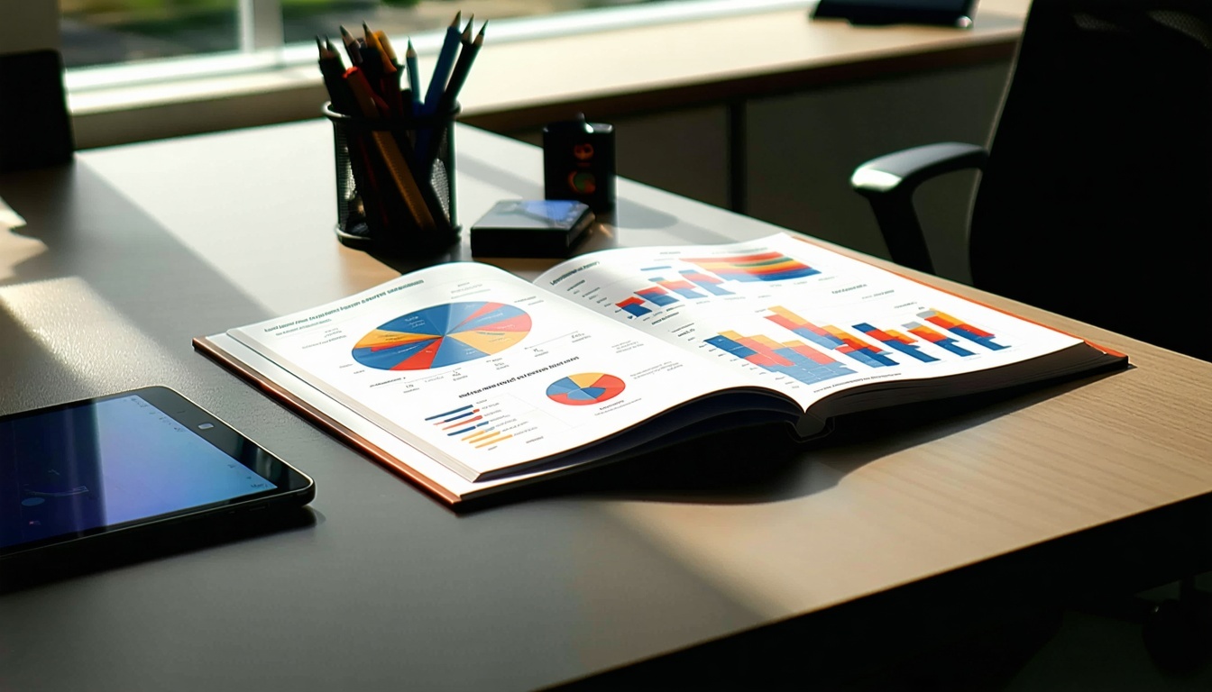 Το κομψό σύγχρονο γραφείο διαθέτει μια λεία γυαλιστερή επιφάνεια που φωτίζεται από το φυσικό φως που εισέρχεται από ένα κοντινό παράθυρο Στο γραφείο μια δεμένη έκθεση μάρκετινγκ βρίσκεται σε περίοπτη θέση, το επαγγελματικό της εξώφυλλο διαθέτει ένα ζωντανό σχέδιο και έντονη τυπογραφία-2