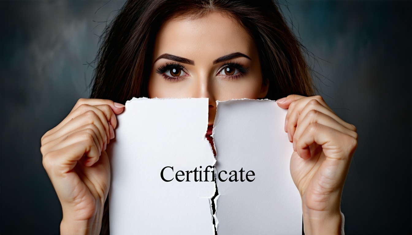 Τα χέρια της γυναίκας, λεπτά αλλά αποφασιστικά, πιάνουν τις άκρες ενός καθαρού, επίσημου χαρτιού που φέρει τη λέξη 